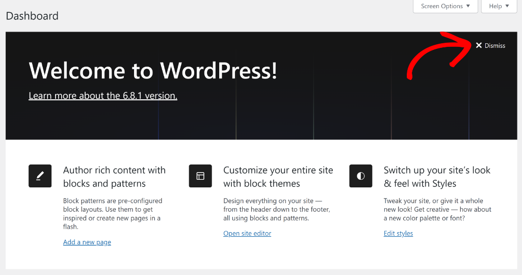 Dismiss the welcome screen banner