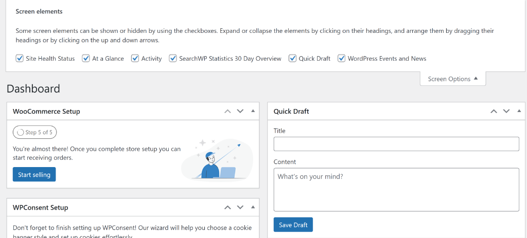 View screen options without welcome
