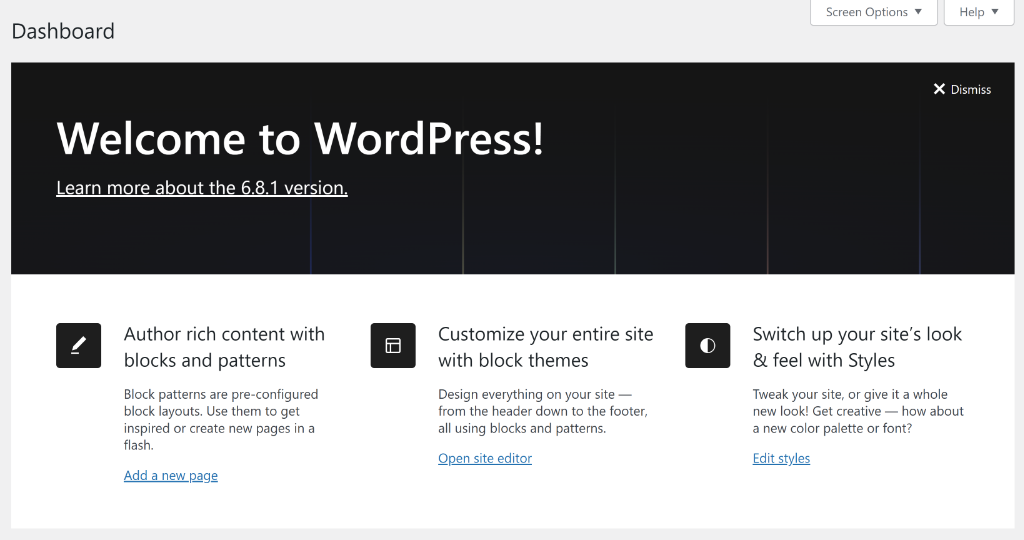 Welcome screen in wordpress