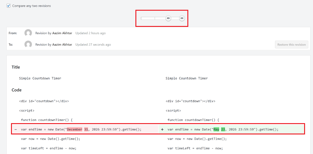 Compare changes to code snippet