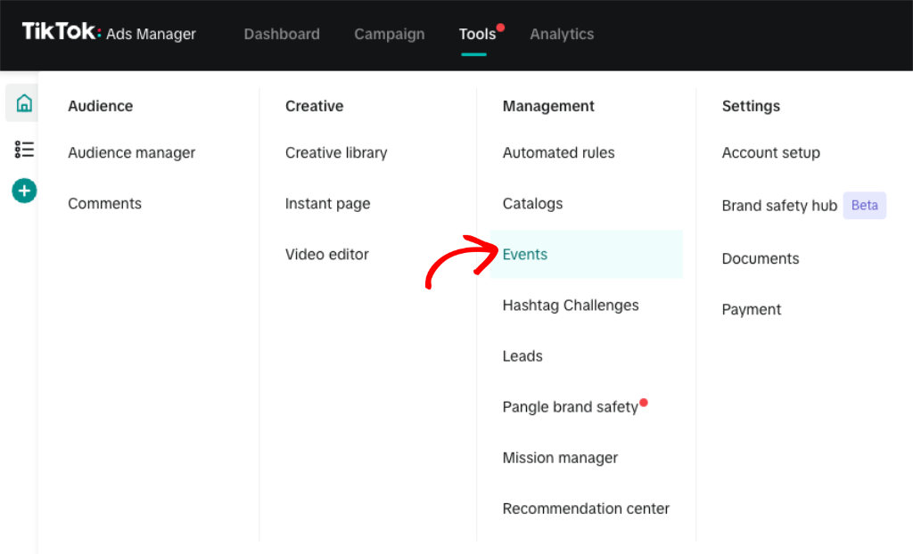 Go to events in TikTok ads manager