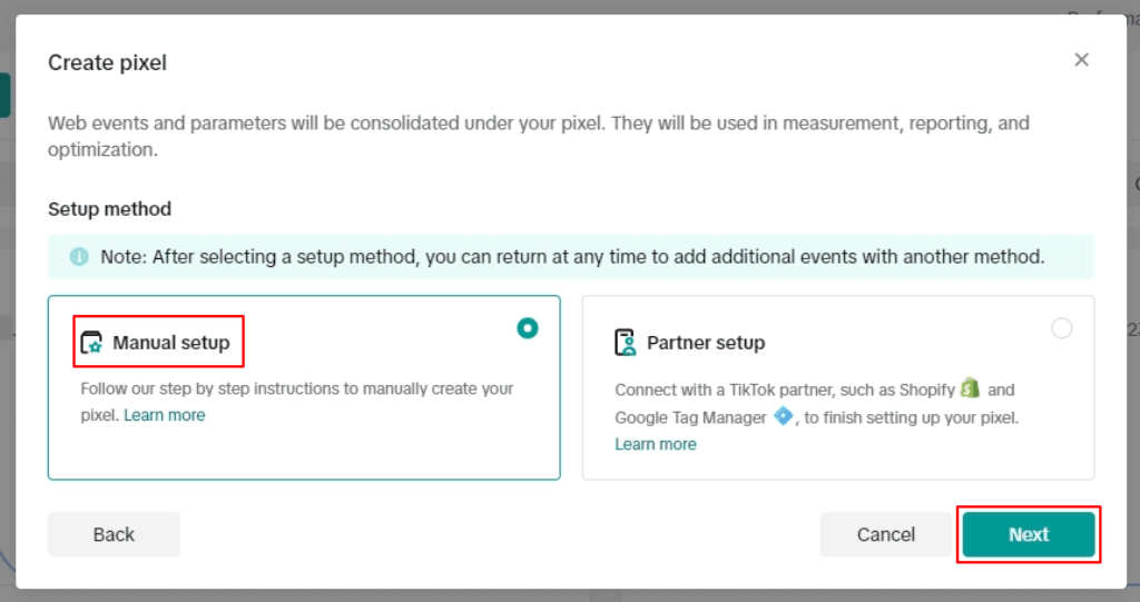Select manual setup in TikTok manager