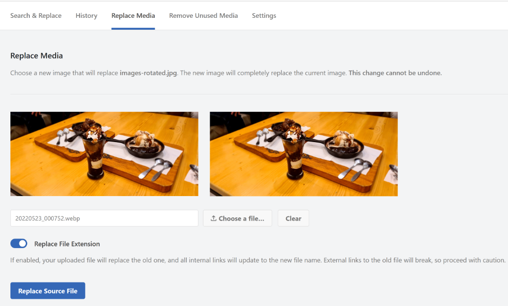 Upload new image to replace file extensions