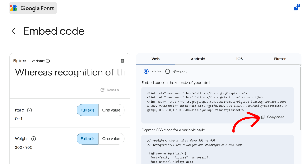 Copy font embed code