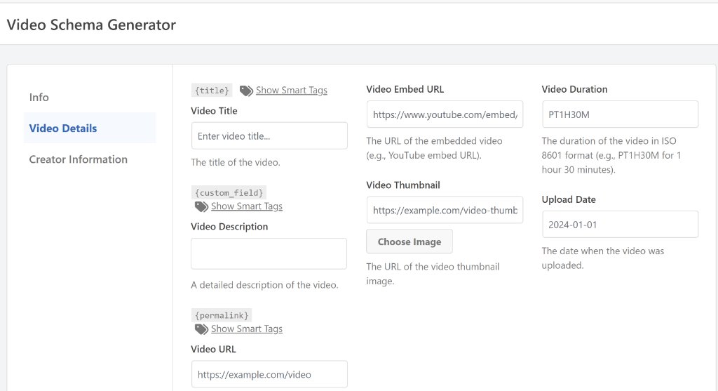 Enter video details for schema