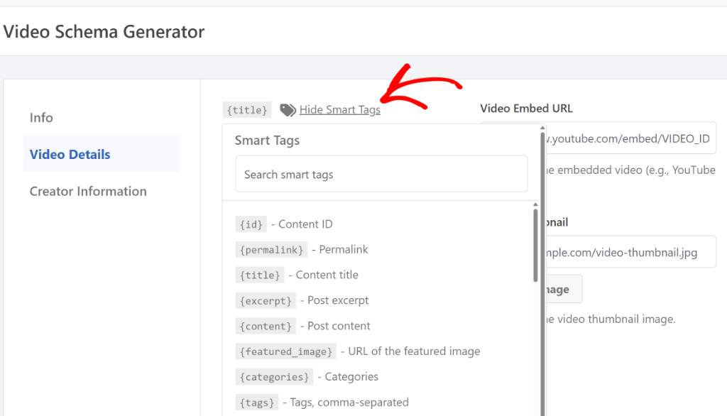 Select a smart tag for video schema