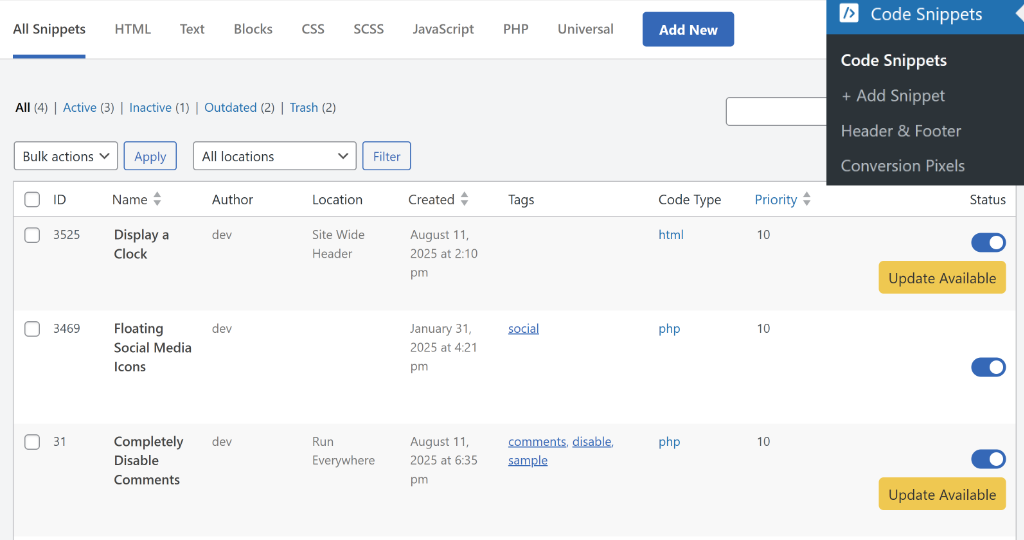 View available update for snippets