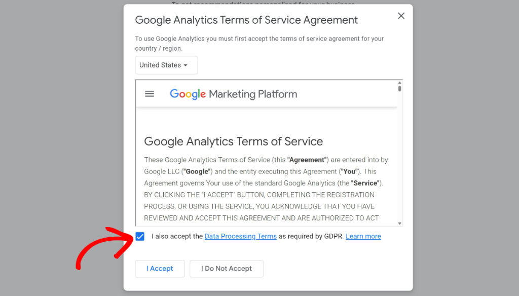 Accept google terms of service