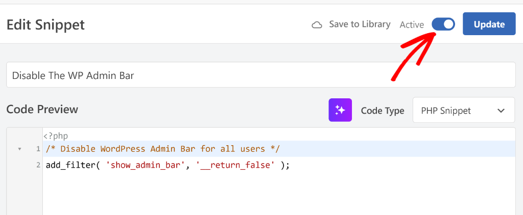 Activate disable wp admin bar snippet