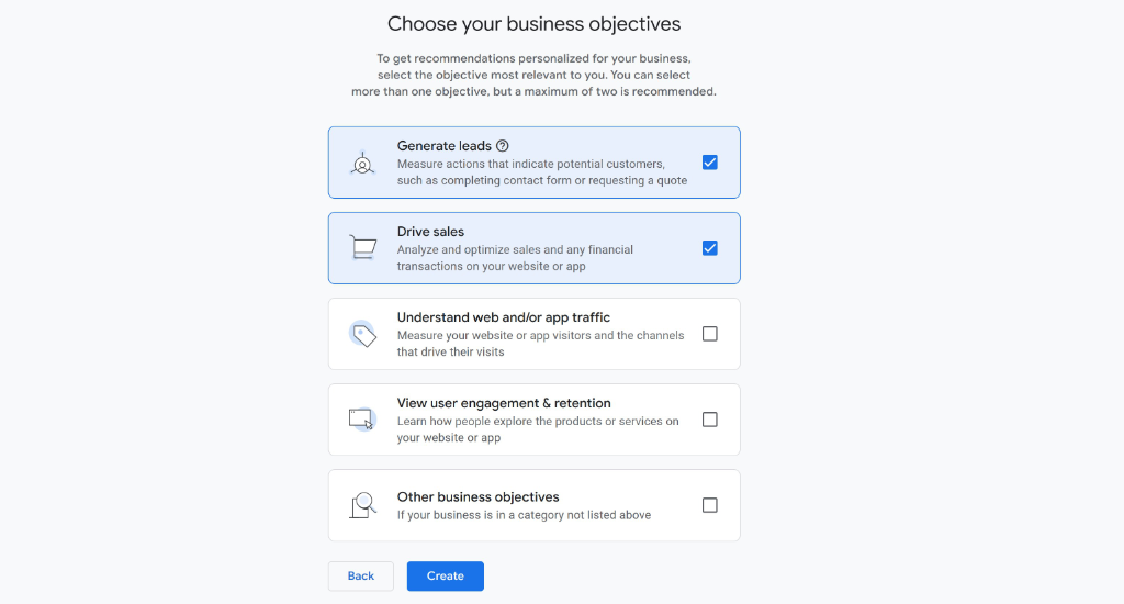 Choose your business objectives GA