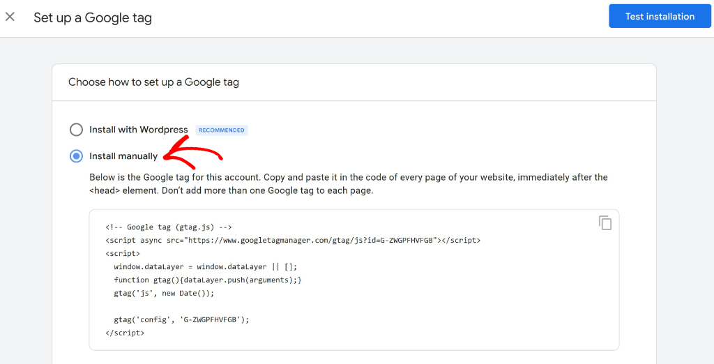 Copy the Google tag code