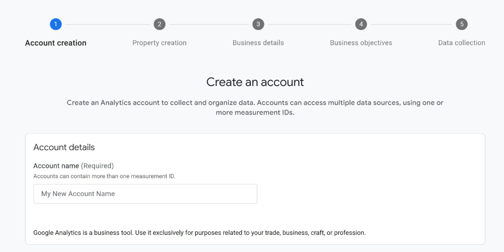Enter a new account name for GA