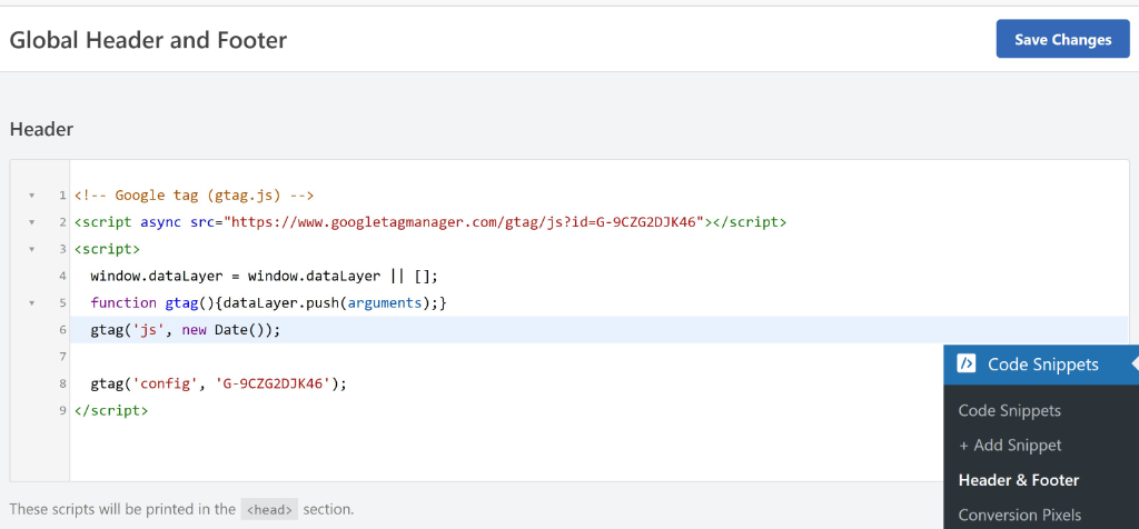 Enter Google Analytics code under header