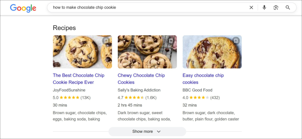 Recipe snippet overview on Google