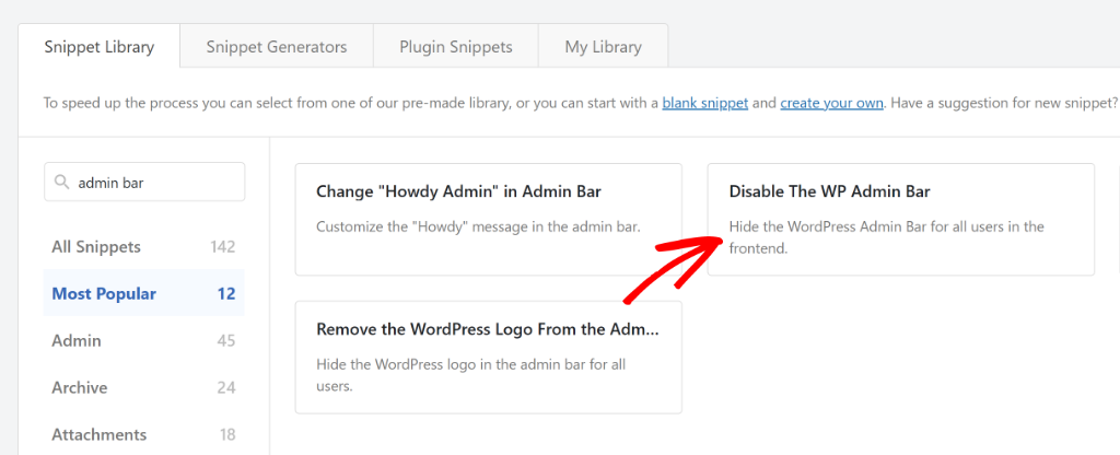 Select disable admin bar snippet