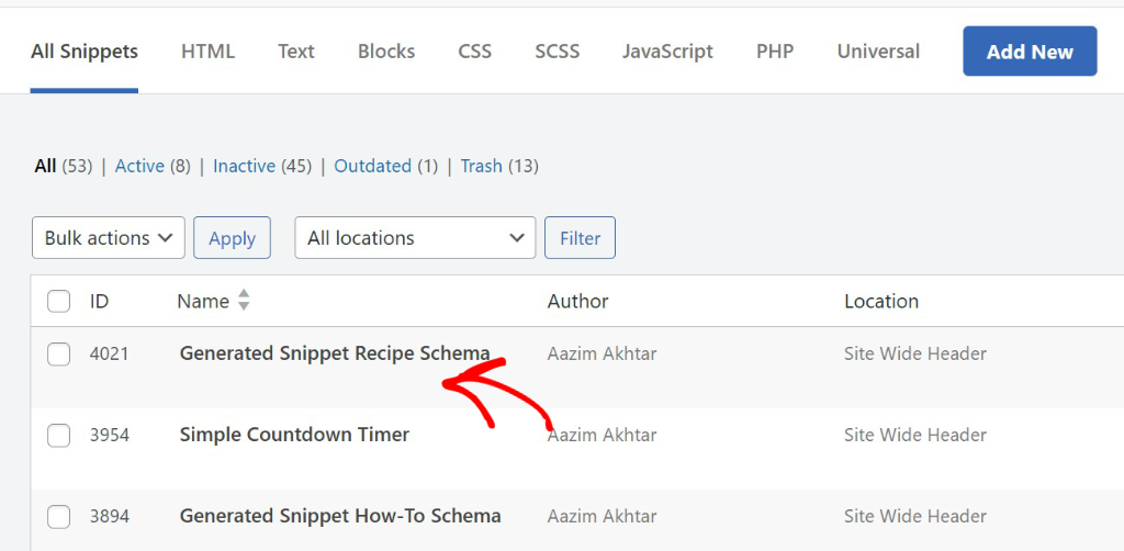 Select your recipe schema