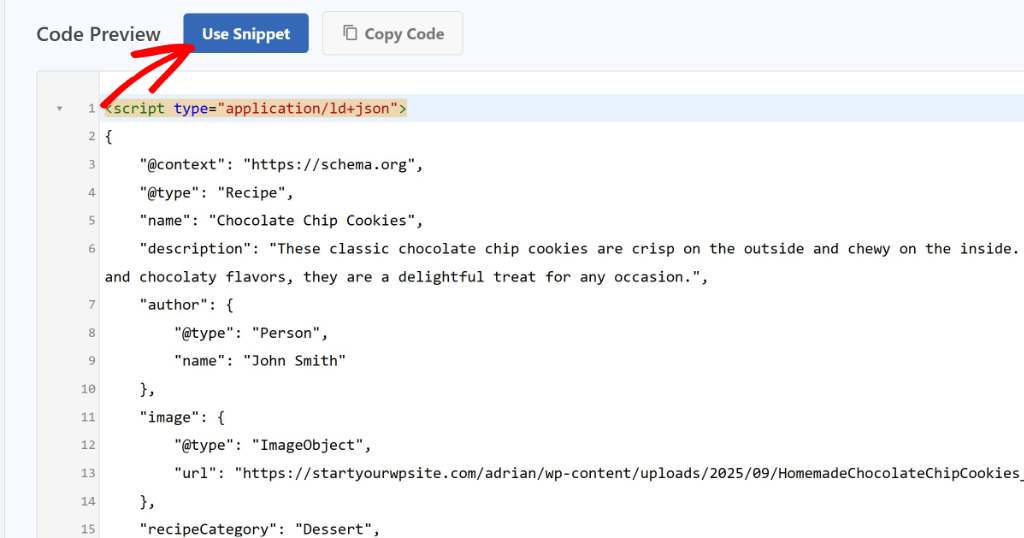 View recipe schema code
