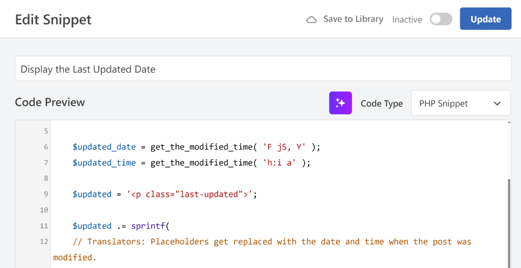 View last updated date snippet
