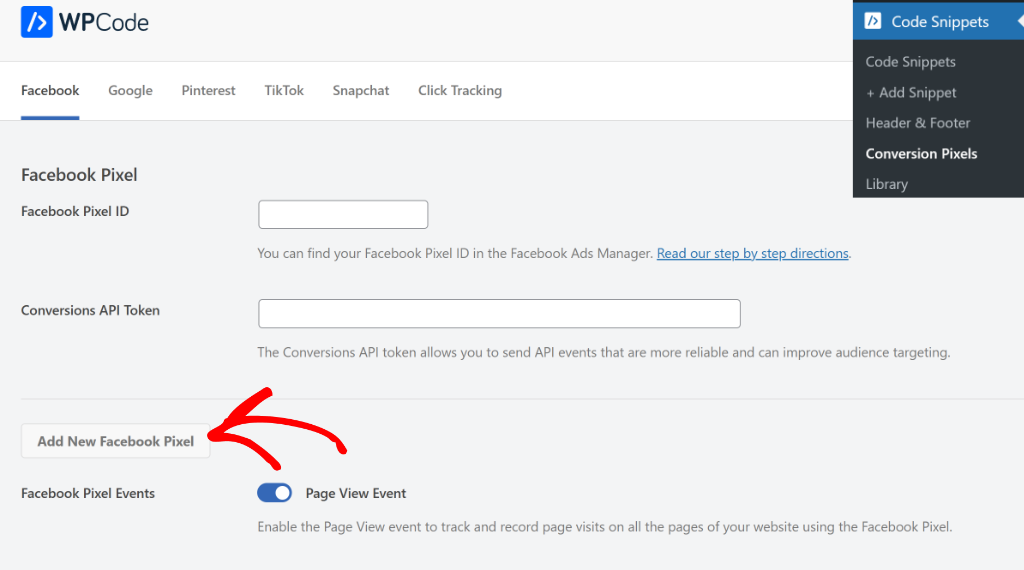 Click add new Facebook pixel