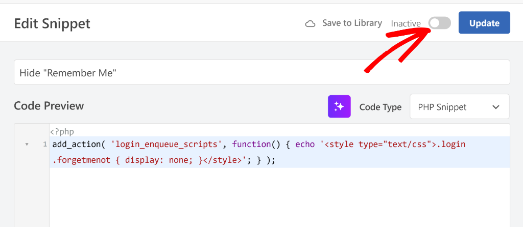 Activate code snippet for remember me option
