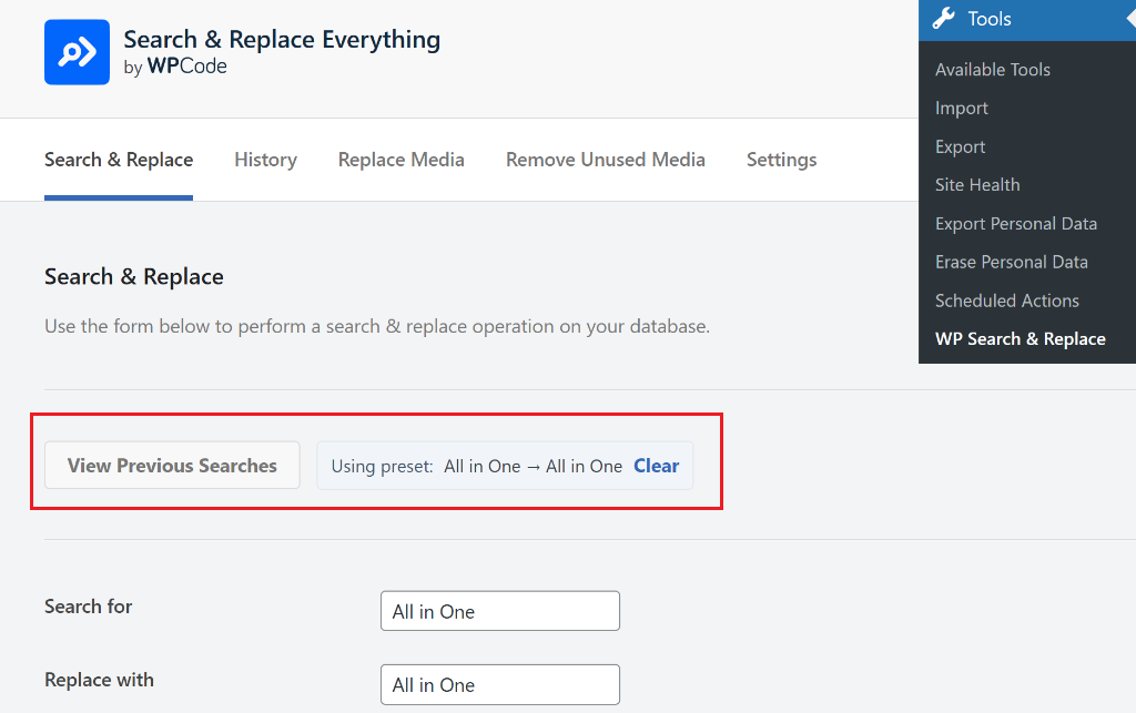 View previous searches option