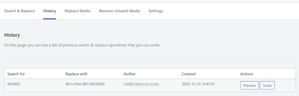 View search and replace history