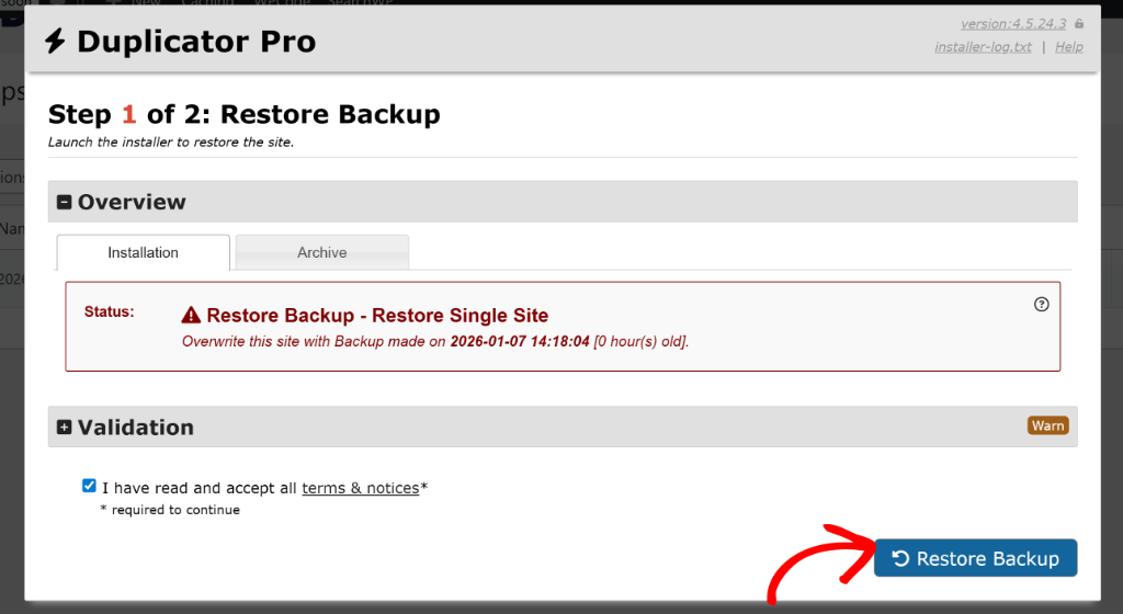 Accept backup terms and notices