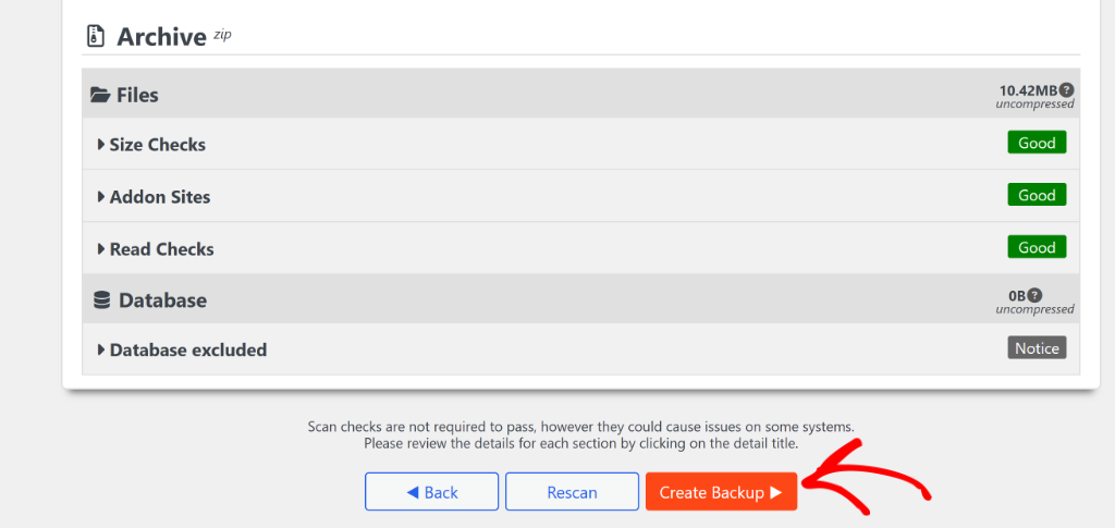 Click create backup button