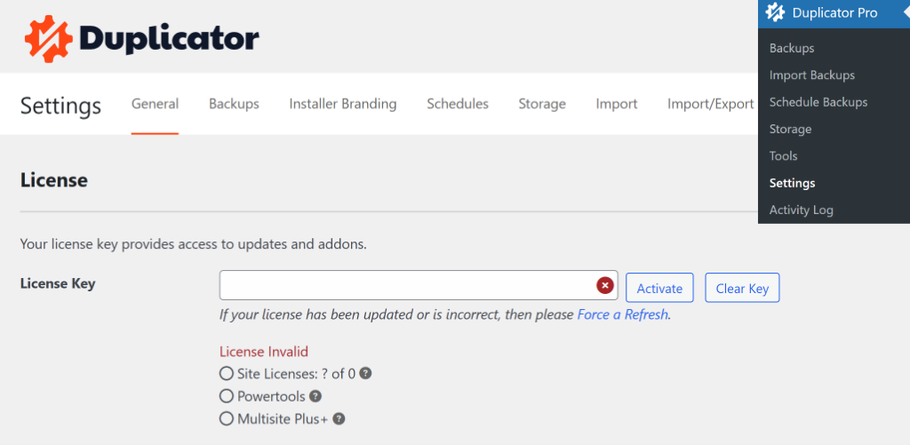 Enter Duplicator license key