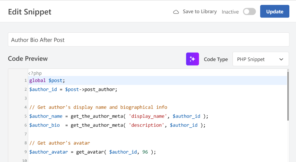 View author bio snippet in code editor