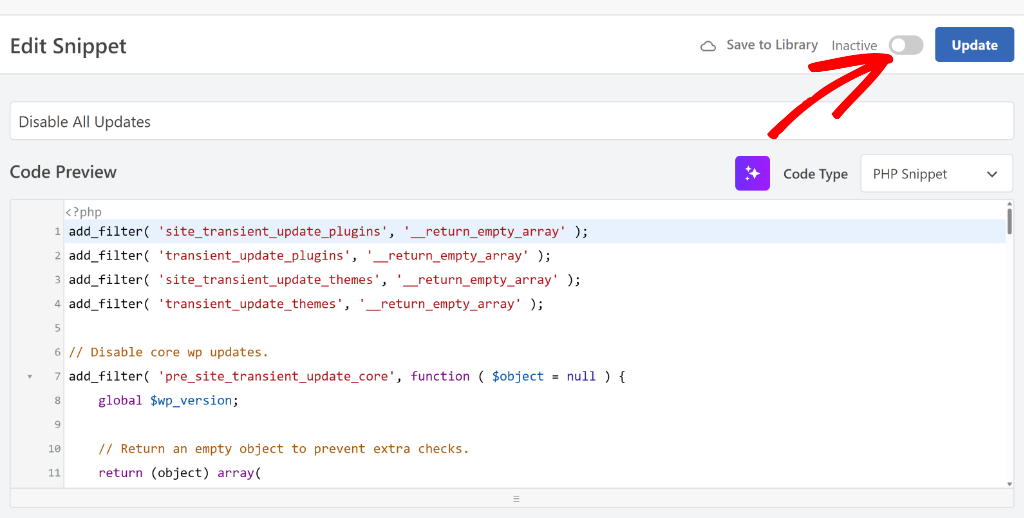 Activate disable all updates snippet