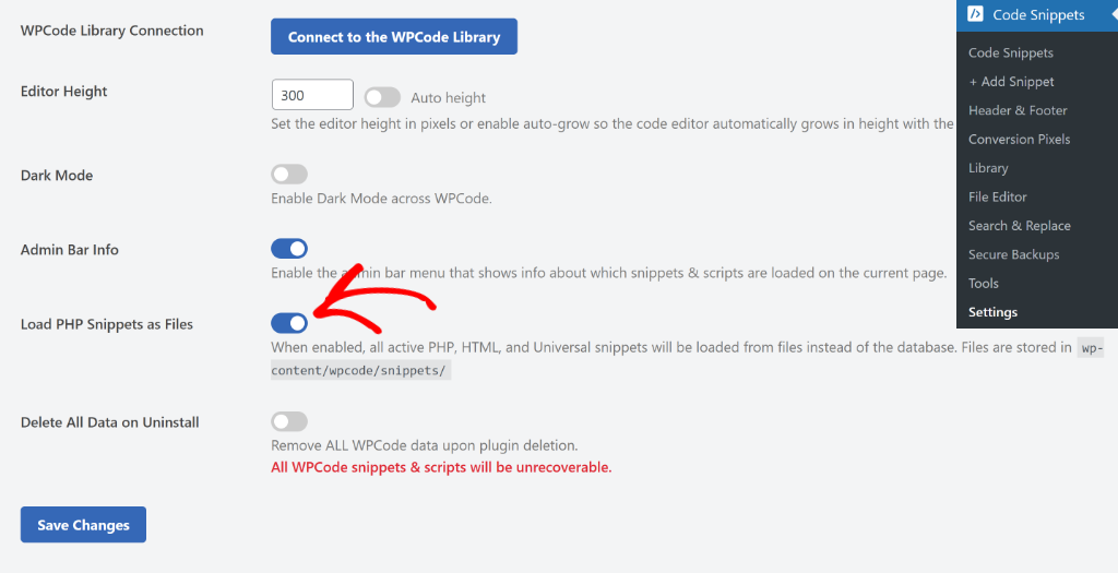 Enable load snippets as files option