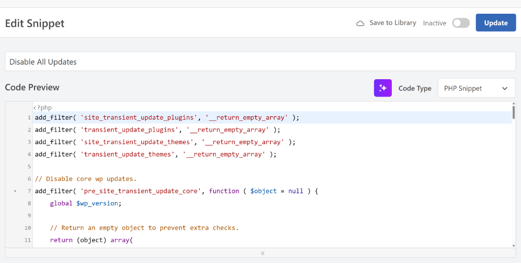 View disable all updates snippet