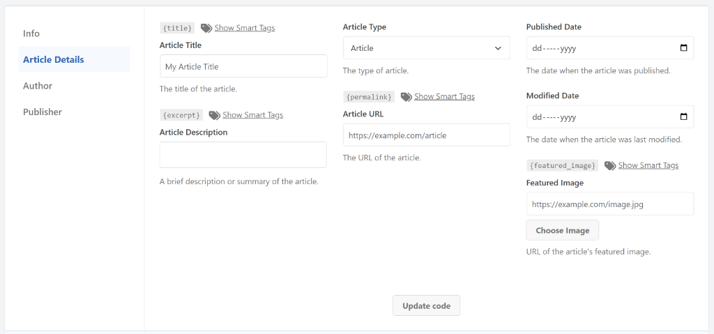 Enter article schema info