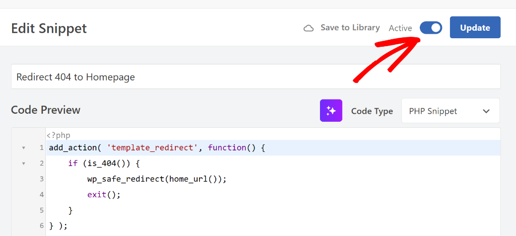 Activate 404 redirect snippet