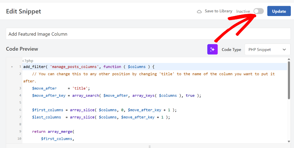Activate featured image column snippet