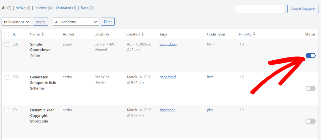 Disable code snippets