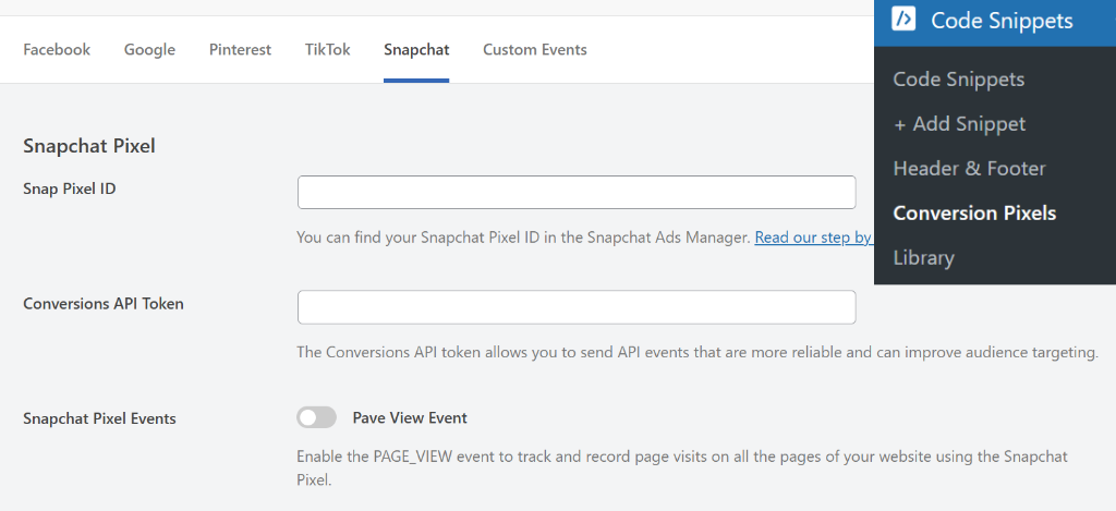 Enter Snapchat pixel details
