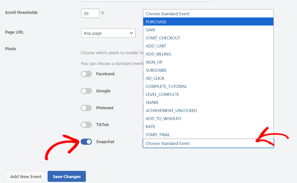 Select Snapchat pixel event