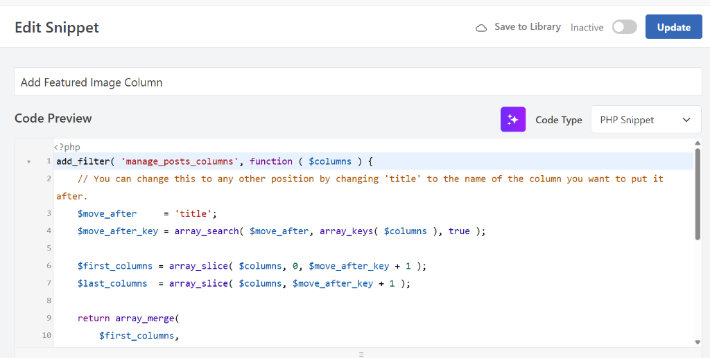 View featured image column snippet