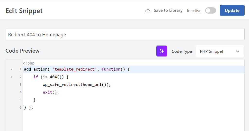 View redirect 404 to homepage snippet