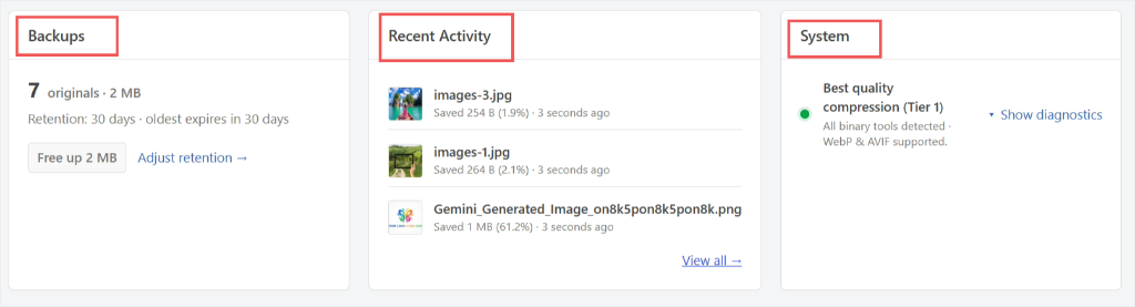 image backups recent activity system
