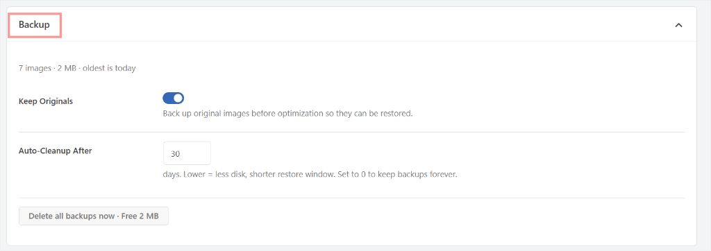 image optimizer settings backup