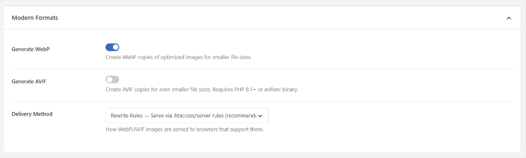 image optimizer settings modern formats