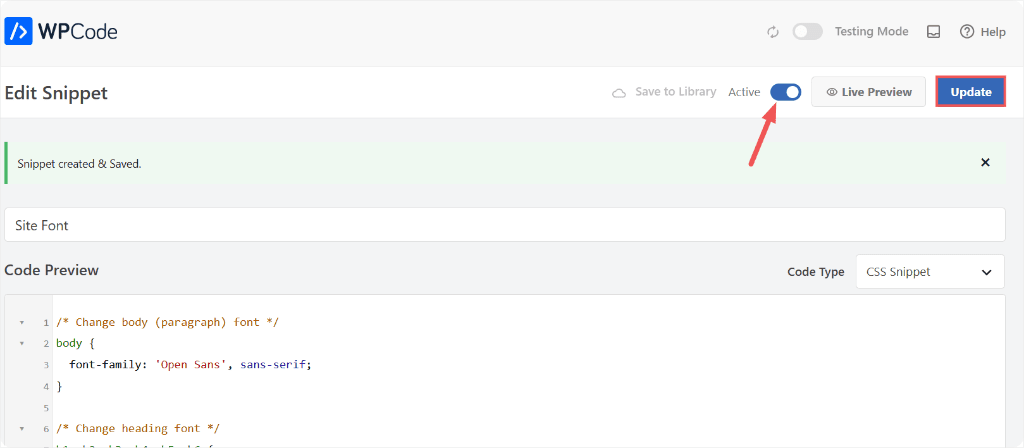 active css font snippet wpcode
