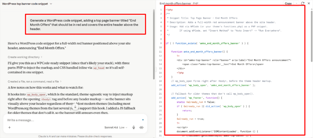 generate wordpress code snippet claude