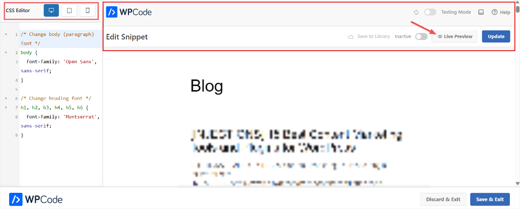 preview css font wpcode visual