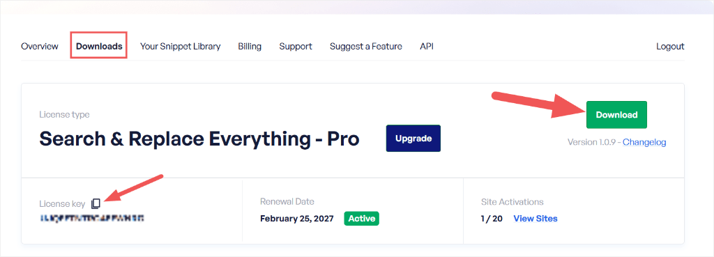 search and replace wpcode dashboard