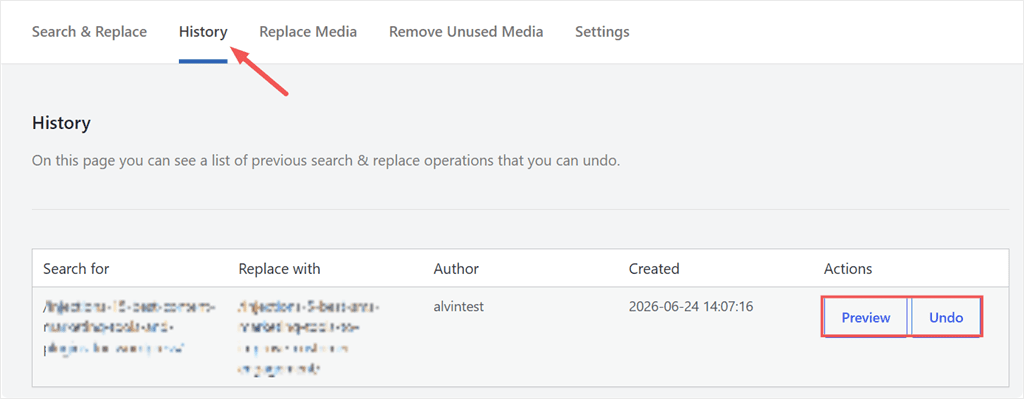 search replace history tab undo operation