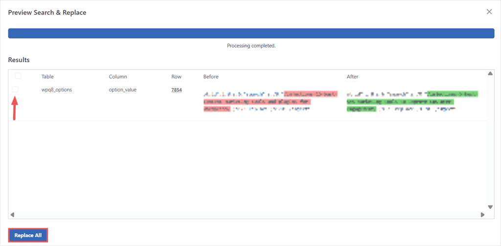 the preview shows before (red) and after (green) for every affected row. Review this carefully before clicking replace all.